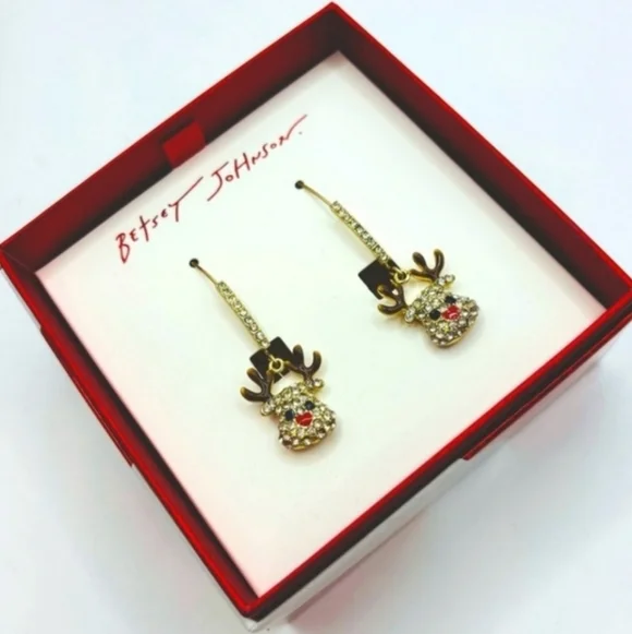 🔹️ Betsey Johnson 🔹️ Christmas Reindeer Shephard hook dang Holiday Earrings ✨️ - Picture 3 of 3